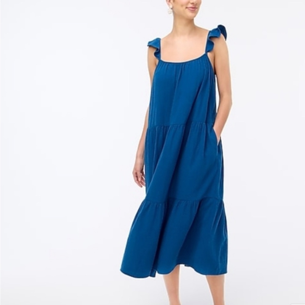 J. Crew Blue‎ Midi Dress gauze Cotton Ruffle Cottagecore Beach resort wear tier